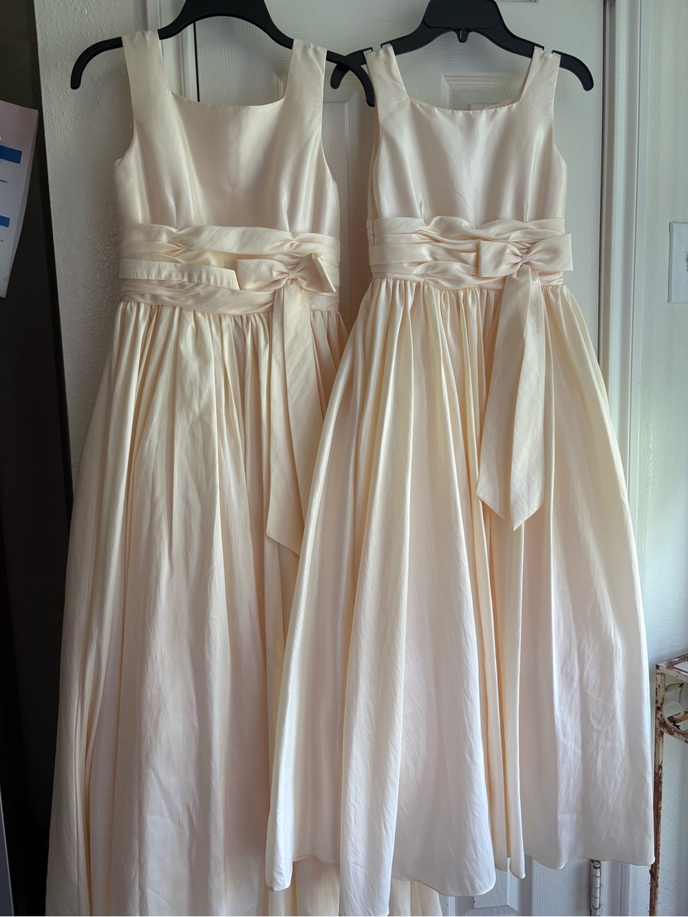 Sweetie Pie junior bridesmaid ivory satin maxi dresses. 2 available.